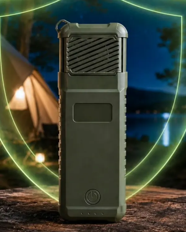 MoskiCell standing on a tree stump at a lakeside campsite after dark, with a lit canvas tent behind it