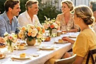 Friends sharing an evening meal at a long outdoor table set with flowers and desserts