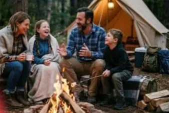 A family sitting around a campfire in front of a canvas tent in the woods at dusk